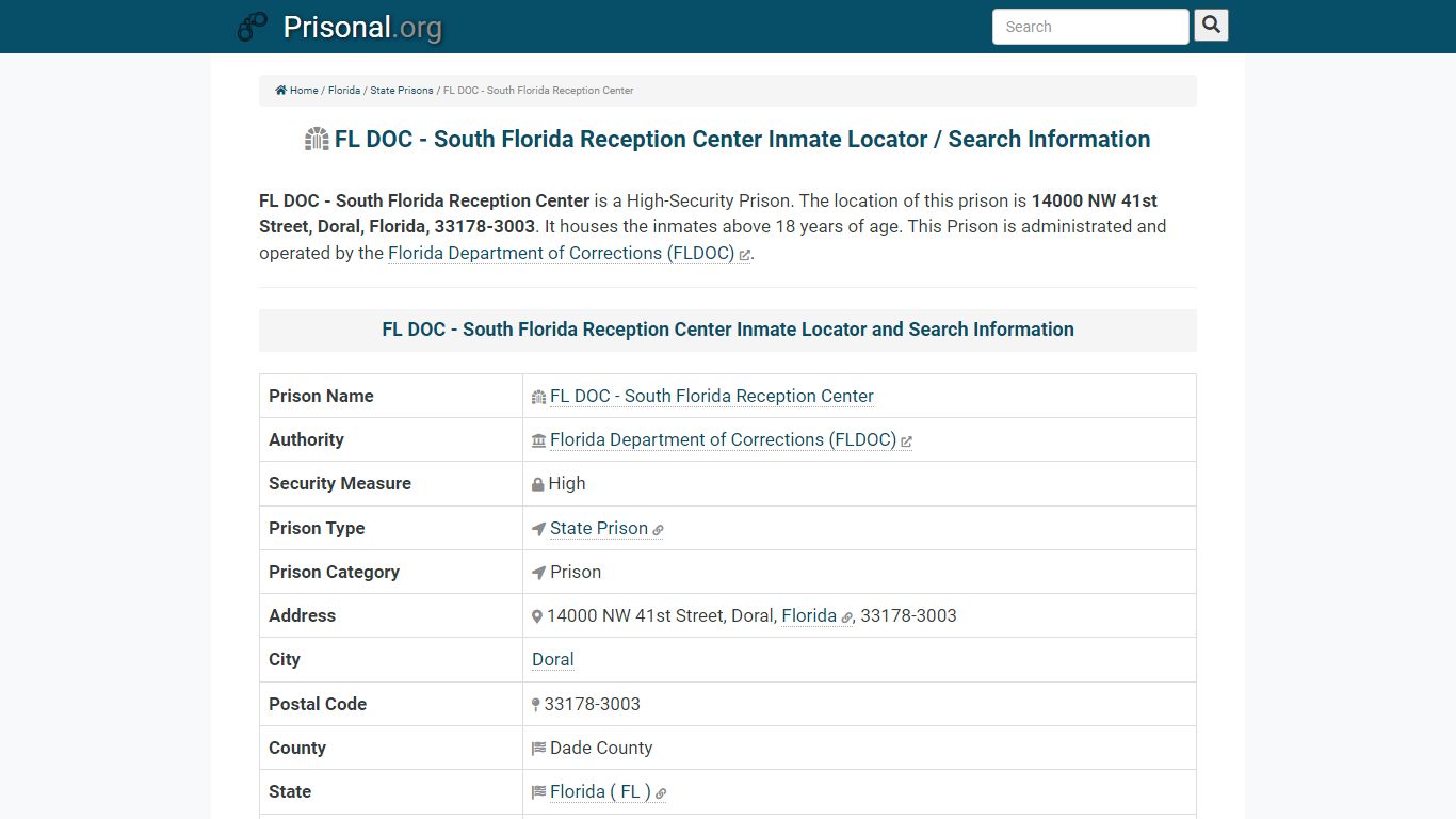 FL DOC - South Florida Reception Center-Inmate Locator ...